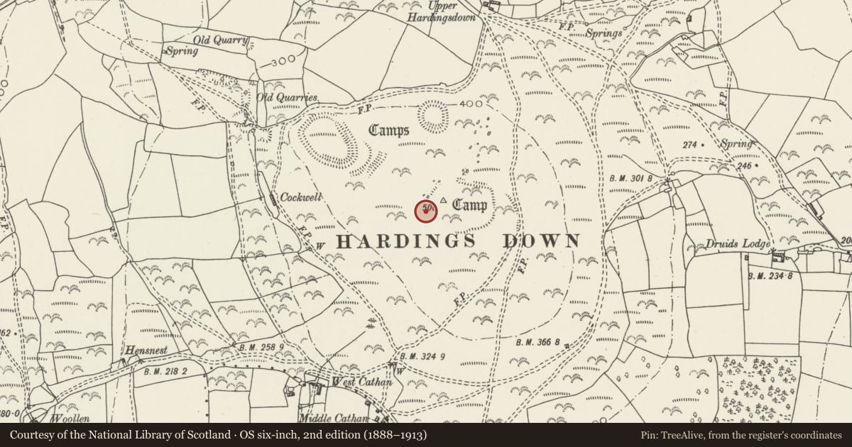 Ordnance Survey six-inch map, 2nd edition (1888–1913) covering the location of Three Camps on Harding's Down, Llangennith, Llanmadoc and Cheriton, Swansea, with a pin at the register's coordinates