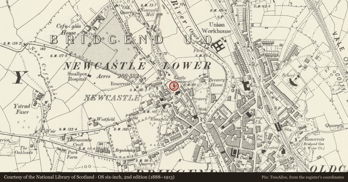 Ordnance Survey six-inch map, 2nd edition (1888–1913) covering the location of Newcastle Castle, Bridgend, with a pin at the register's coordinates