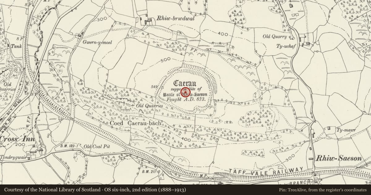 Ordnance Survey six-inch map, 2nd edition (1888–1913) covering the location of Rhiw Saeson Caerau, Llantrisant, Rhondda Cynon Taff, with a pin at the register's coordinates