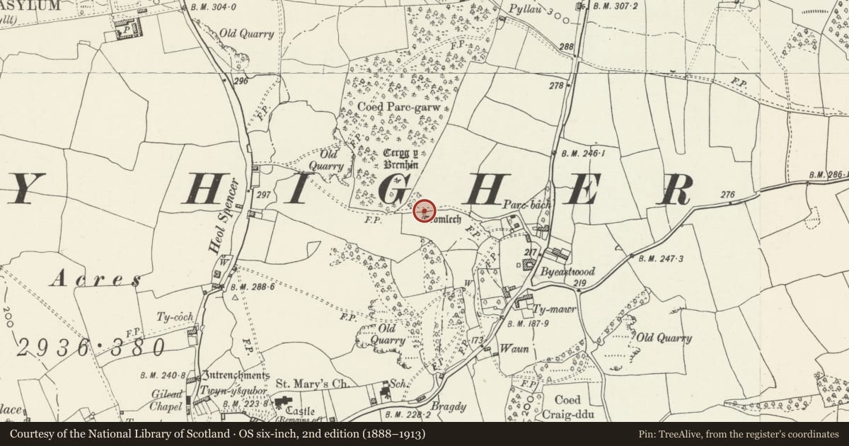Ordnance Survey six-inch map, 2nd edition (1888–1913) covering the location of Coity Burial Chamber, Coity Higher, Bridgend, with a pin at the register's coordinates