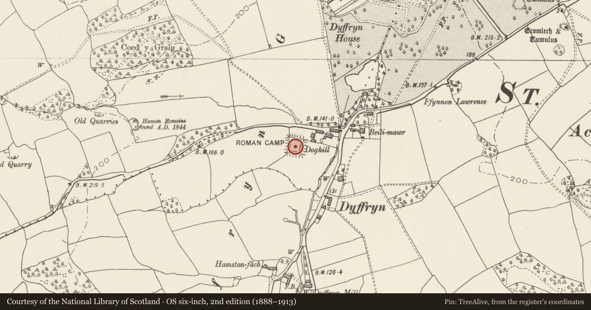Ordnance Survey six-inch map, 2nd edition (1888–1913) covering the location of Doghill Moated Site, Dyffryn, St. Nicholas and Bonvilston, Vale of Glamorgan, with a pin at the register's coordinates