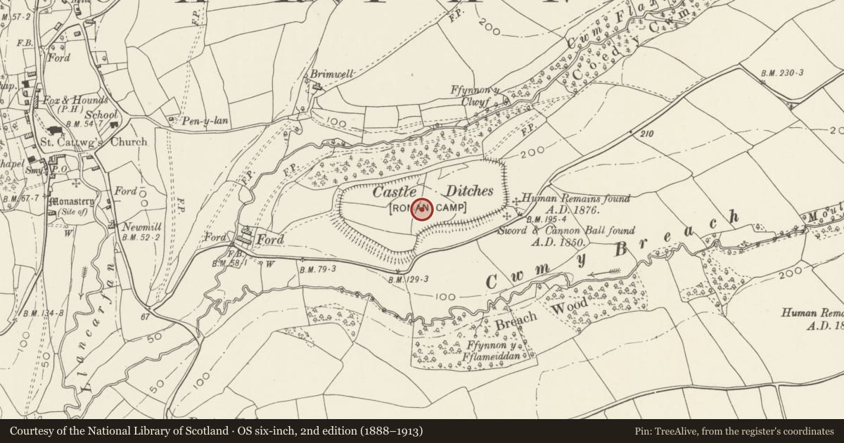 Ordnance Survey six-inch map, 2nd edition (1888–1913) covering the location of Castle Ditches, Llancarfan, Vale of Glamorgan, with a pin at the register's coordinates