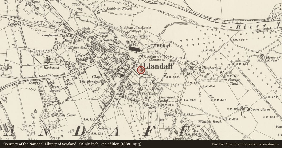 Ordnance Survey six-inch map, 2nd edition (1888–1913) covering the location of Old Bishop's Palace, Llandaff, Cardiff, with a pin at the register's coordinates
