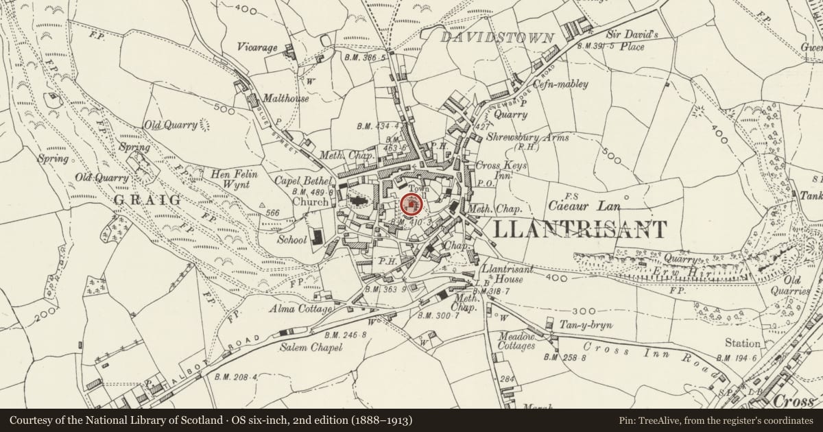 Ordnance Survey six-inch map, 2nd edition (1888–1913) covering the location of Llantrisant Castle, Rhondda Cynon Taff, with a pin at the register's coordinates
