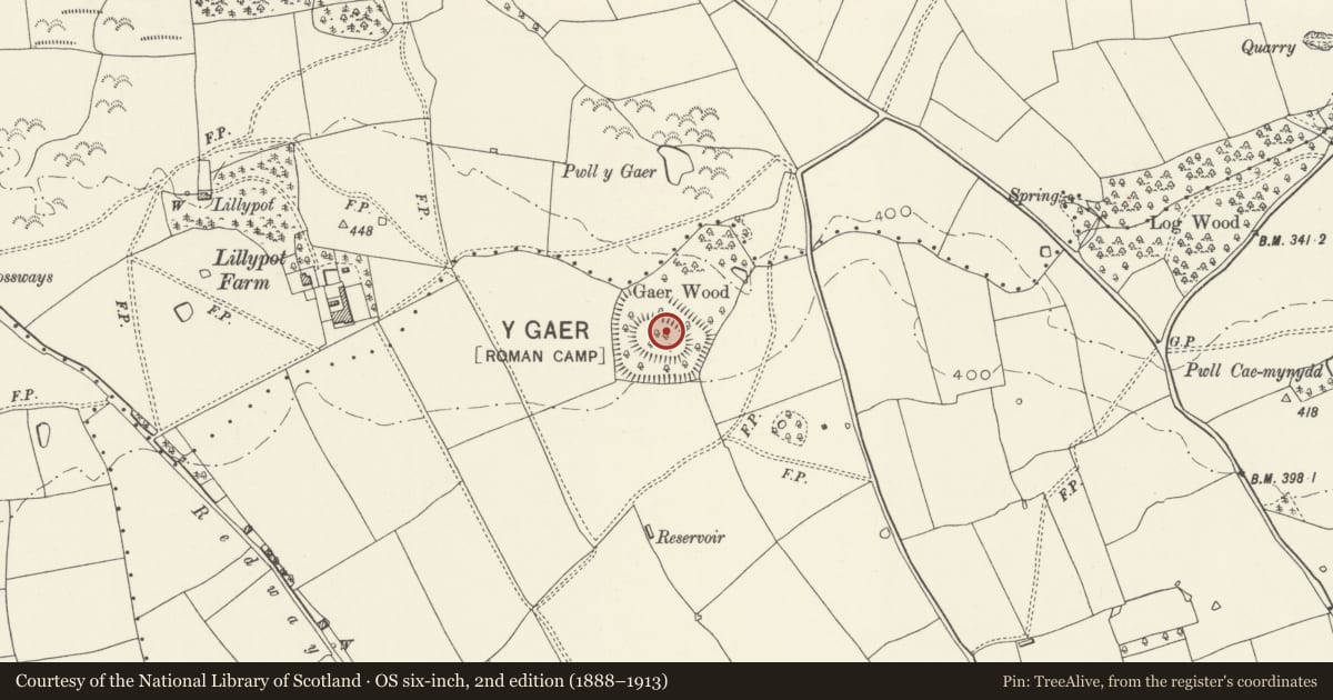 Ordnance Survey six-inch map, 2nd edition (1888–1913) covering the location of Y Gaer, St. Nicholas and Bonvilston, Vale of Glamorgan, with a pin at the register's coordinates