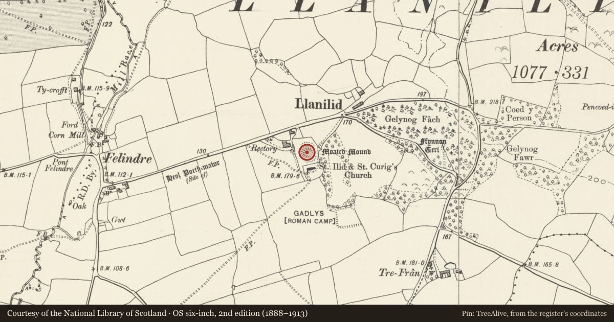 Ordnance Survey six-inch map, 2nd edition (1888–1913) covering the location of Llanilid Castle Mound, Llanharan, Rhondda Cynon Taff, with a pin at the register's coordinates