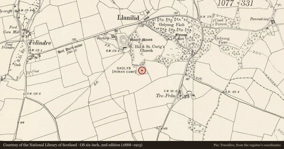 Ordnance Survey six-inch map, 2nd edition (1888–1913) covering the location of Gadlys, Llanharan, Rhondda Cynon Taff, with a pin at the register's coordinates