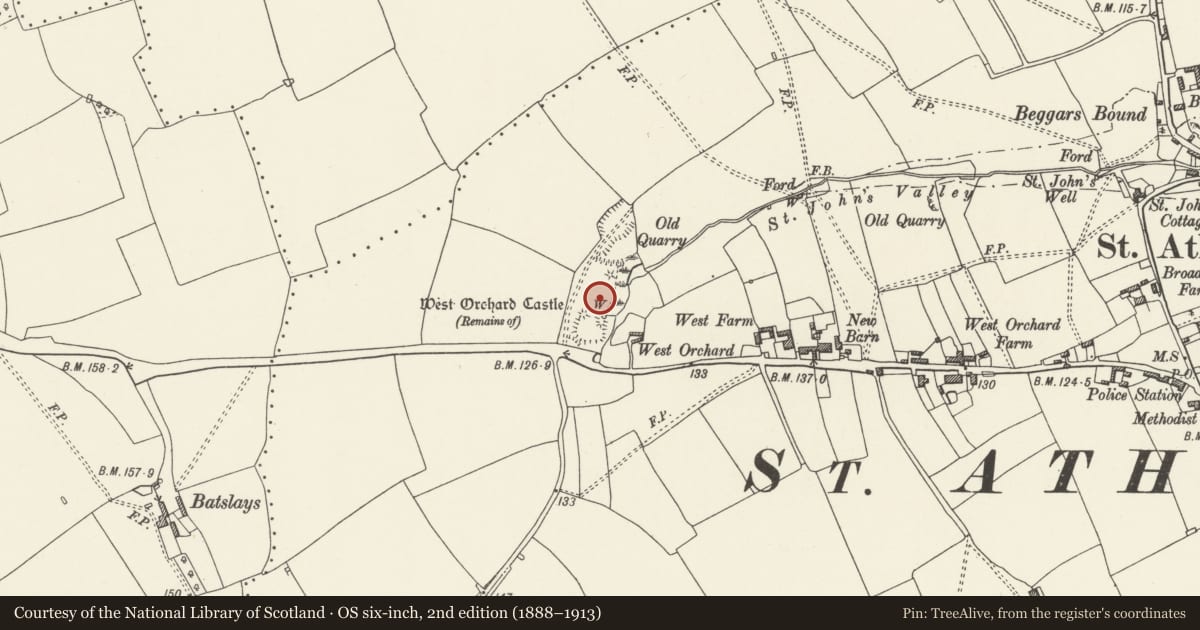 Ordnance Survey six-inch map, 2nd edition (1888–1913) covering the location of West Orchard Manor House, St. Athan, Vale of Glamorgan, with a pin at the register's coordinates