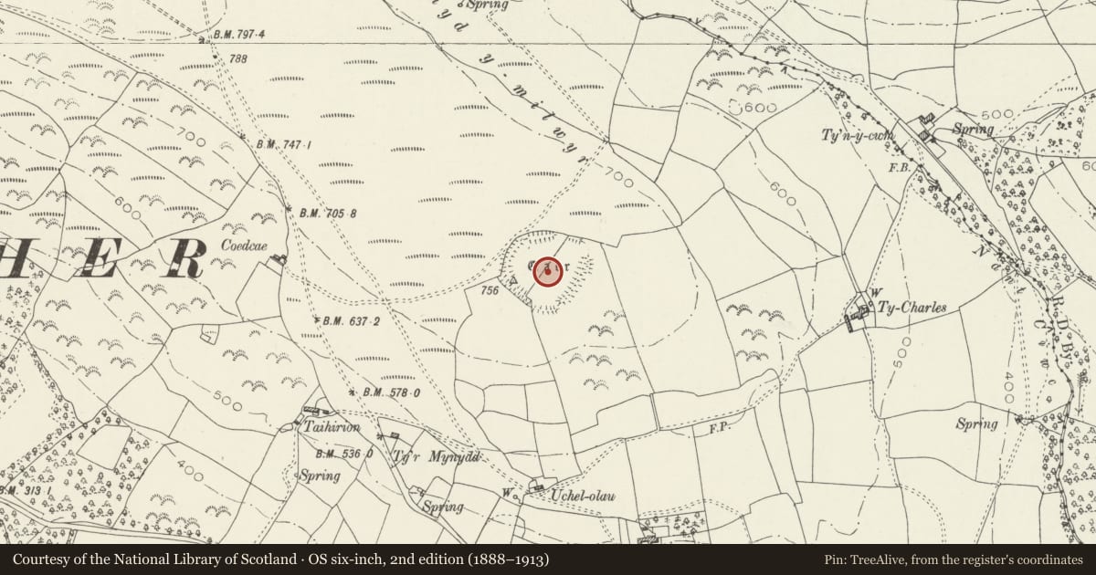 Ordnance Survey six-inch map, 2nd edition (1888–1913) covering the location of Mynydd y Gaer, Coychurch Higher, Bridgend, with a pin at the register's coordinates