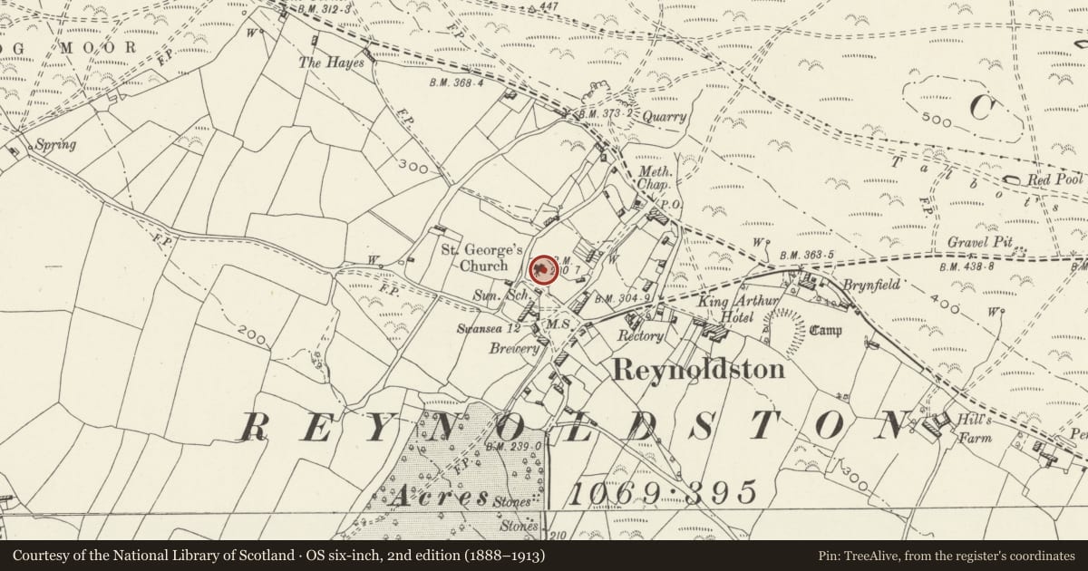Ordnance Survey six-inch map, 2nd edition (1888–1913) covering the location of Cross-Slab from Woodlands, Stout Hall (now in St George's Church, Reynoldston), Swansea, with a pin at the register's coordinates