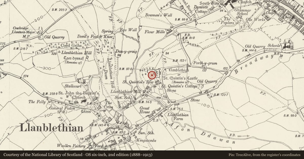 Ordnance Survey six-inch map, 2nd edition (1888–1913) covering the location of Llanblethian Castle, Cowbridge with Llanblethian, Vale of Glamorgan, with a pin at the register's coordinates