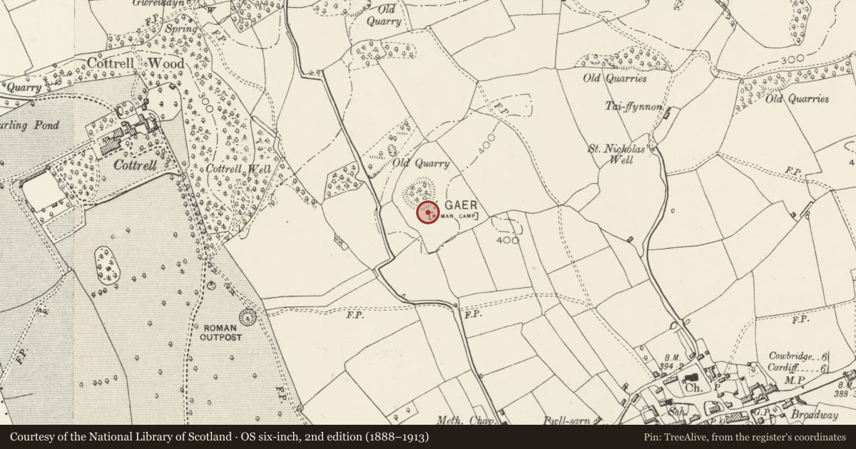 Ordnance Survey six-inch map, 2nd edition (1888–1913) covering the location of Cottrell Ringwork, St. Nicholas and Bonvilston, Vale of Glamorgan, with a pin at the register's coordinates