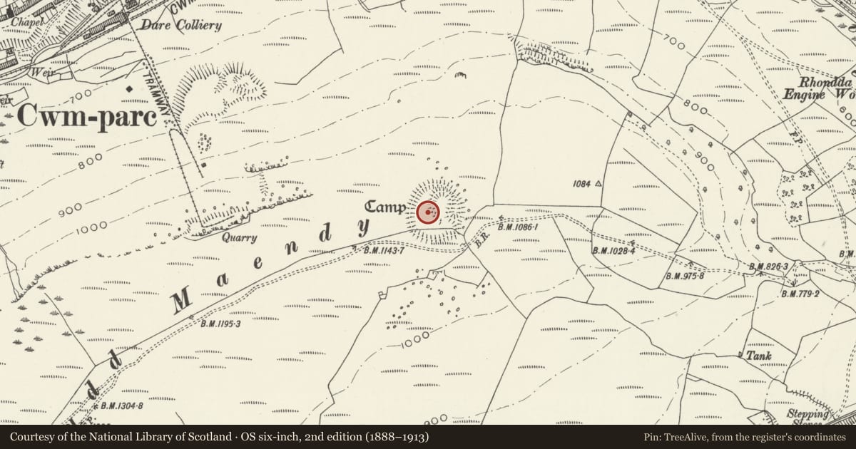 Ordnance Survey six-inch map, 2nd edition (1888–1913) covering the location of Mynydd Maendy Hillfort, Pentre, Rhondda Cynon Taff, with a pin at the register's coordinates