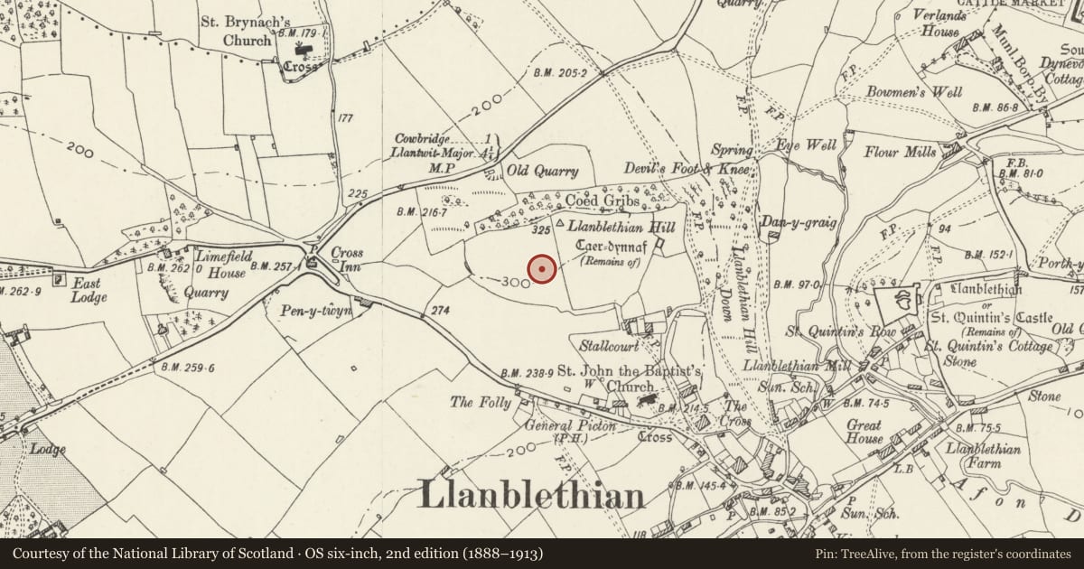 Ordnance Survey six-inch map, 2nd edition (1888–1913) covering the location of Caer Dynnaf hillfort, Cowbridge with Llanblethian, Vale of Glamorgan, with a pin at the register's coordinates