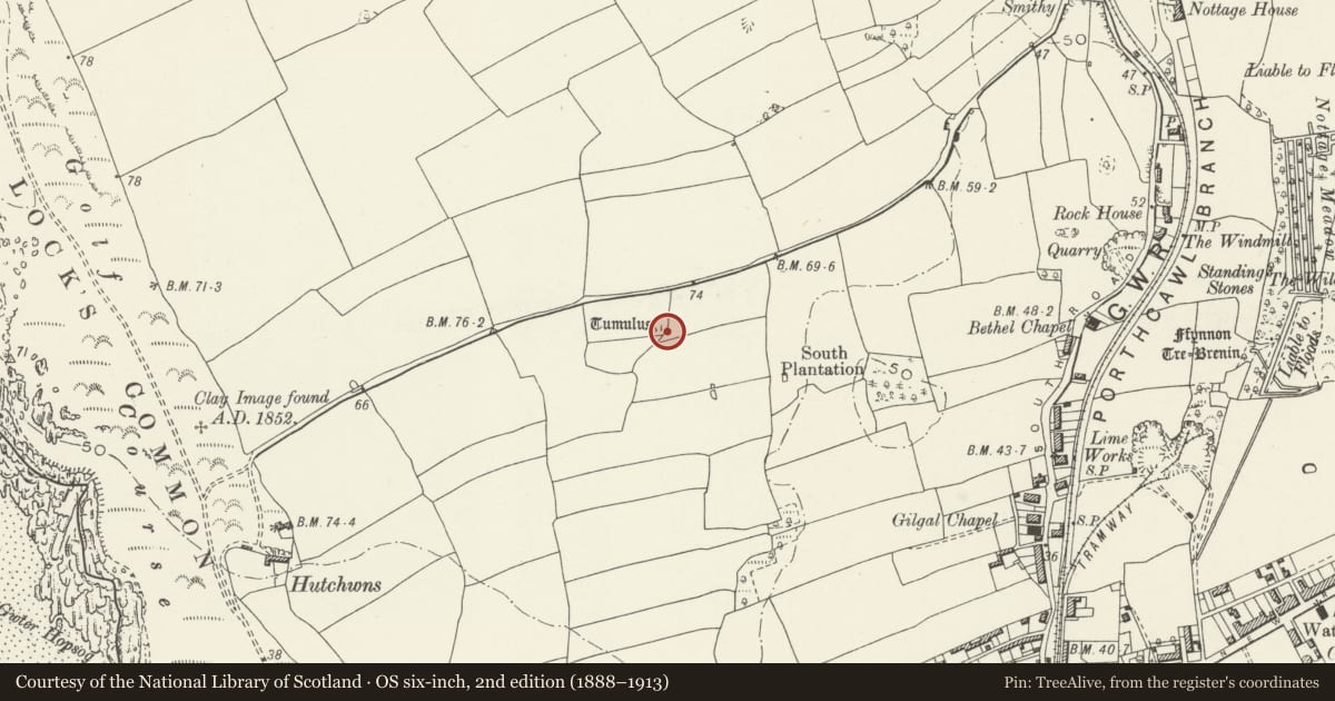 Ordnance Survey six-inch map, 2nd edition (1888–1913) covering the location of Hutchwns round barrow, Porthcawl, Bridgend, with a pin at the register's coordinates