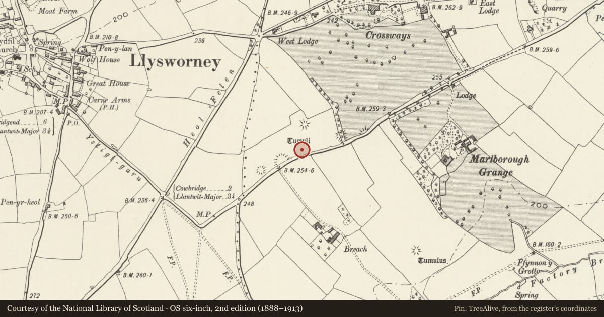 Ordnance Survey six-inch map, 2nd edition (1888–1913) covering the location of Round Barrows N of Breach Farm, Cowbridge with Llanblethian, Vale of Glamorgan, with a pin at the register's coordinates