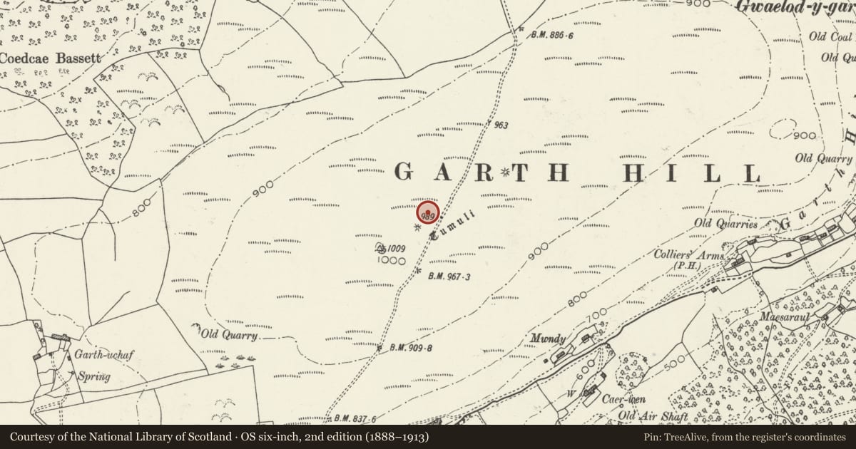 Ordnance Survey six-inch map, 2nd edition (1888–1913) covering the location of Five Round Barrows on Garth Hill, Pentyrch, Cardiff, with a pin at the register's coordinates