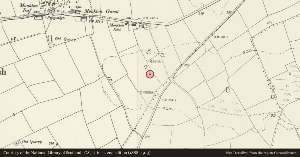 Ordnance Survey six-inch map, 2nd edition (1888–1913) covering the location of Round Barrows South of Monkton, St. Donats, Vale of Glamorgan, with a pin at the register's coordinates