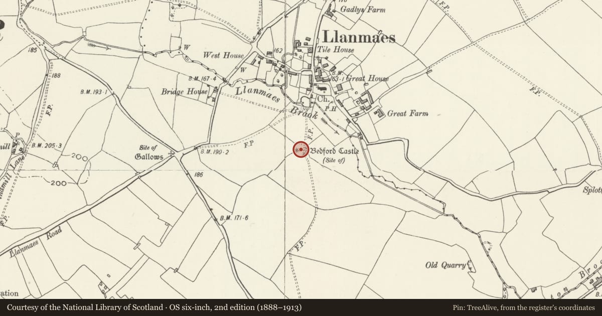 Ordnance Survey six-inch map, 2nd edition (1888–1913) covering the location of Bedford Castle, Llantwit Major, Vale of Glamorgan, with a pin at the register's coordinates