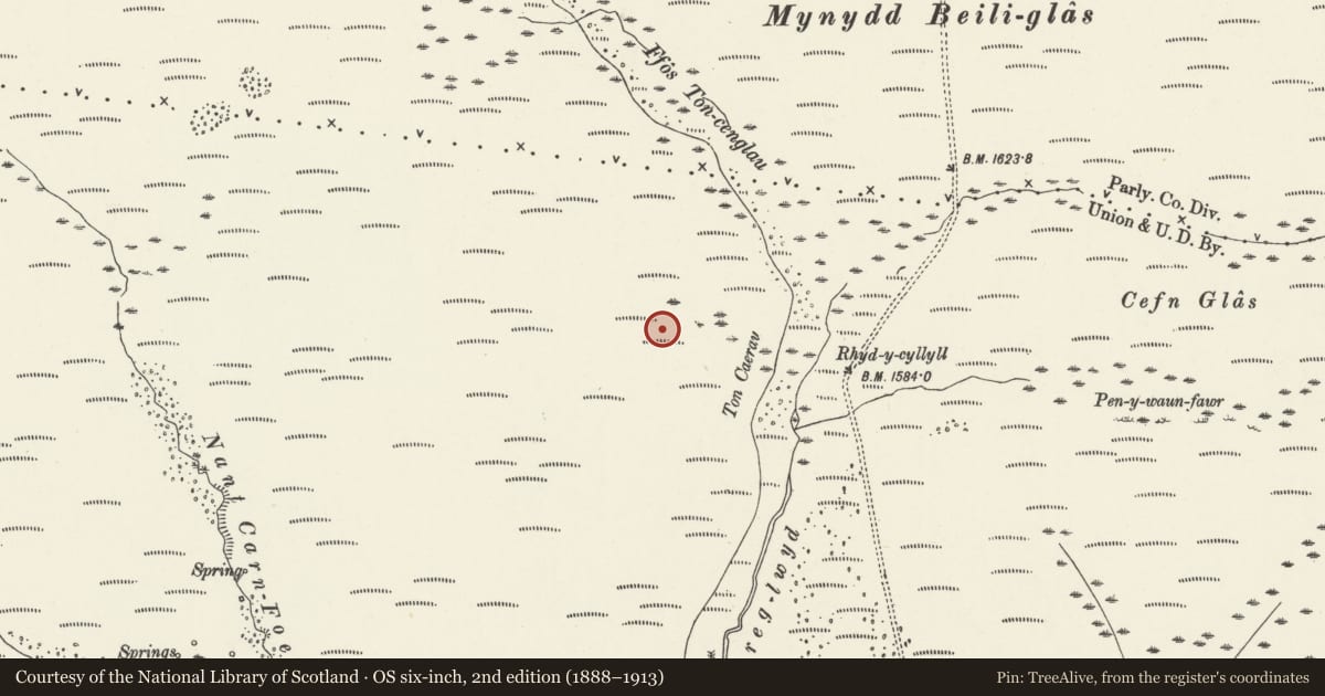 Ordnance Survey six-inch map, 2nd edition (1888–1913) covering the location of Ffos Toncenglau cross ridge dyke, Rhigos, Rhondda Cynon Taff, with a pin at the register's coordinates