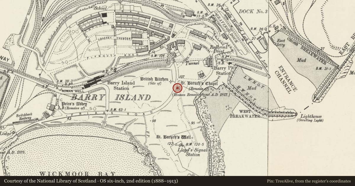 Ordnance Survey six-inch map, 2nd edition (1888–1913) covering the location of St Barruch's Chapel, Barry, Vale of Glamorgan, with a pin at the register's coordinates
