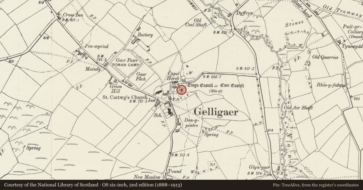 Ordnance Survey six-inch map, 2nd edition (1888–1913) covering the location of Twyn Castell, Gelligaer, Caerphilly, with a pin at the register's coordinates