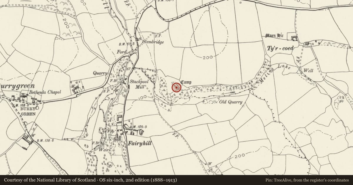 Ordnance Survey six-inch map, 2nd edition (1888–1913) covering the location of Stembridge Camp, Llanrhidian Lower, Swansea, with a pin at the register's coordinates