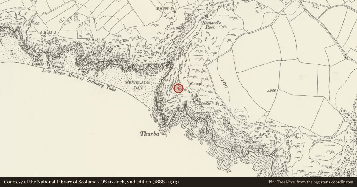 Ordnance Survey six-inch map, 2nd edition (1888–1913) covering the location of Thurba Camp, Rhossili, Swansea, with a pin at the register's coordinates