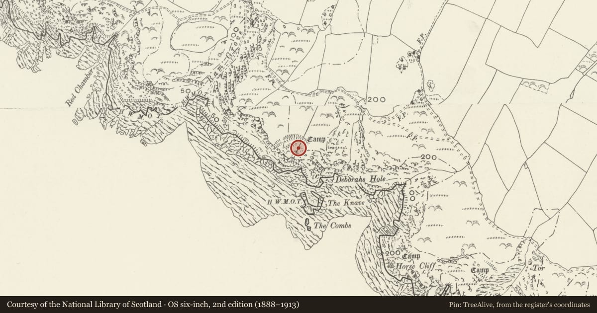 Ordnance Survey six-inch map, 2nd edition (1888–1913) covering the location of Deborah's Hole Camp, Rhossili, Swansea, with a pin at the register's coordinates