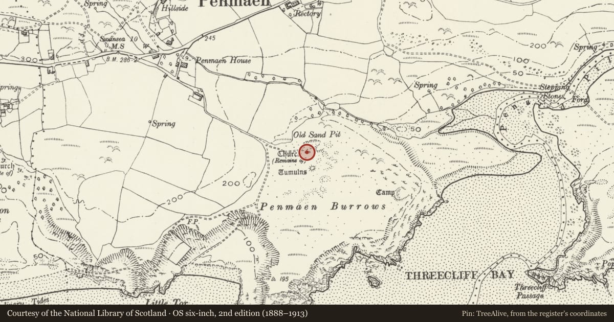 Ordnance Survey six-inch map, 2nd edition (1888–1913) covering the location of Penmaen Burrows Church, Ilston, Swansea, with a pin at the register's coordinates