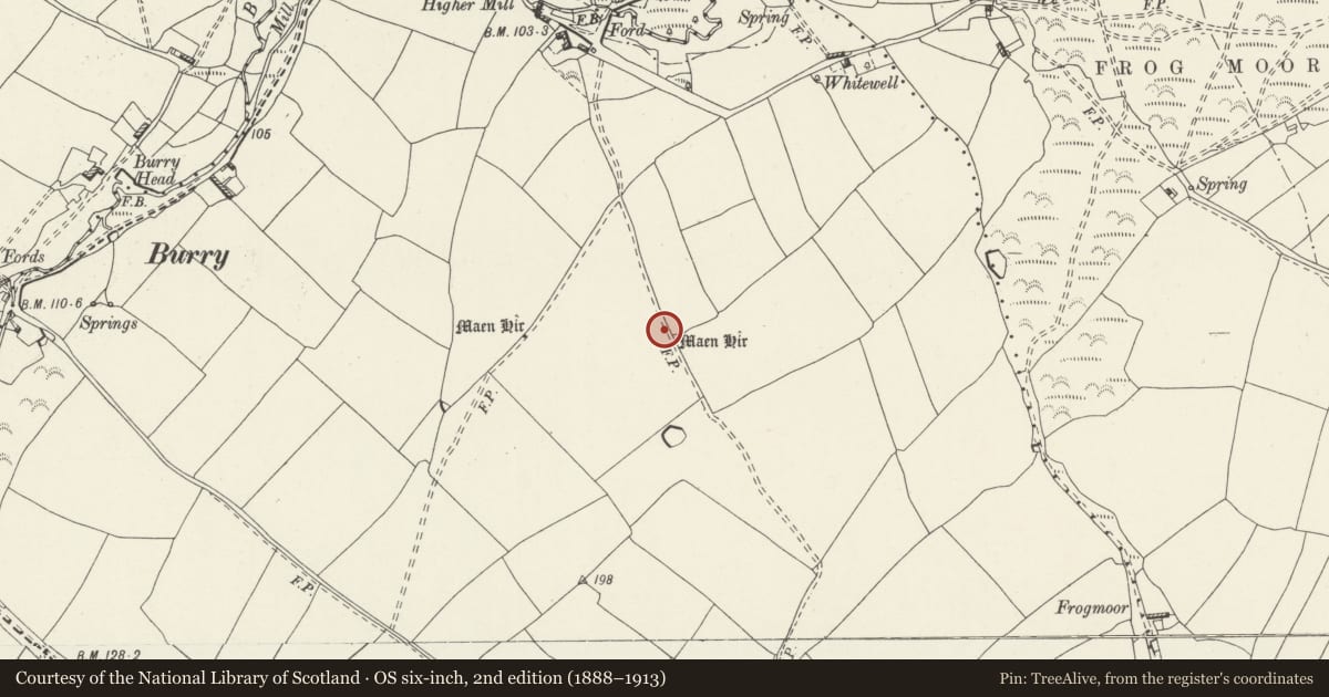 Ordnance Survey six-inch map, 2nd edition (1888–1913) covering the location of Burry Menhir, Port Eynon, Swansea, with a pin at the register's coordinates