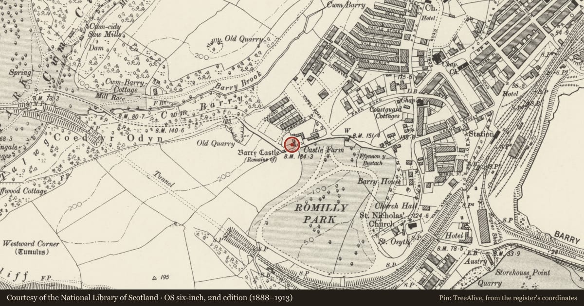 Ordnance Survey six-inch map, 2nd edition (1888–1913) covering the location of Barry Castle, Vale of Glamorgan, with a pin at the register's coordinates
