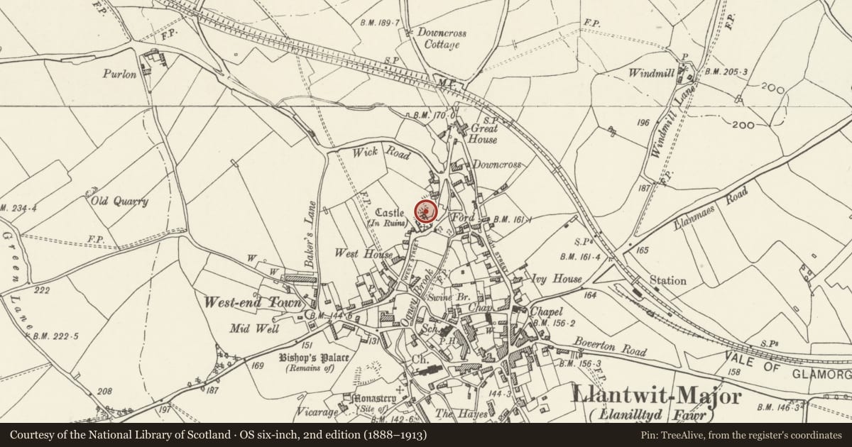 Ordnance Survey six-inch map, 2nd edition (1888–1913) covering the location of Llantwit Major Castle, Vale of Glamorgan, with a pin at the register's coordinates