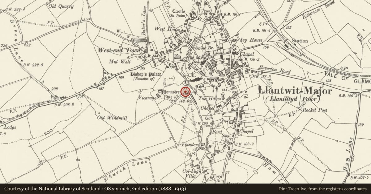 Ordnance Survey six-inch map, 2nd edition (1888–1913) covering the location of Llantwit Major Gatehouse, Vale of Glamorgan, with a pin at the register's coordinates