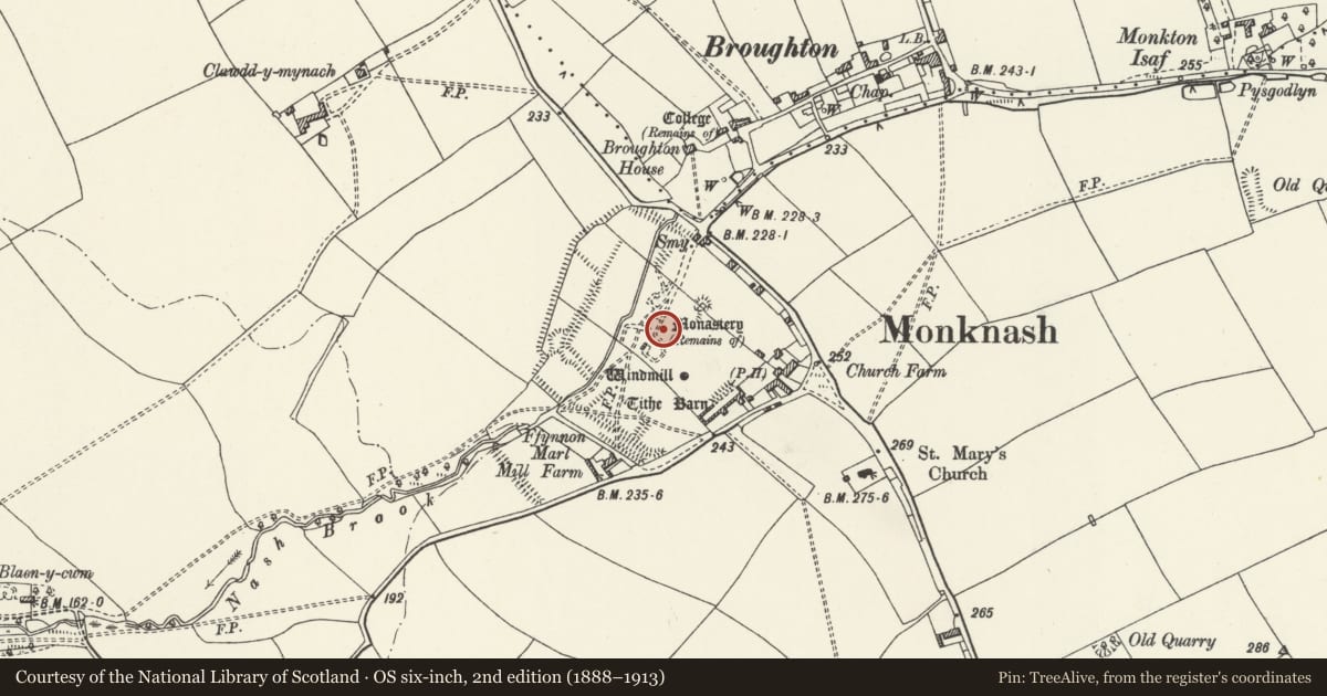 Ordnance Survey six-inch map, 2nd edition (1888–1913) covering the location of Tithe Barn, Dovecot & Remains of Other Buildings, St. Donats, Vale of Glamorgan, with a pin at the register's coordinates