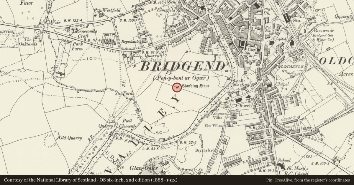 Ordnance Survey six-inch map, 2nd edition (1888–1913) covering the location of Bridgend Standing Stone, with a pin at the register's coordinates