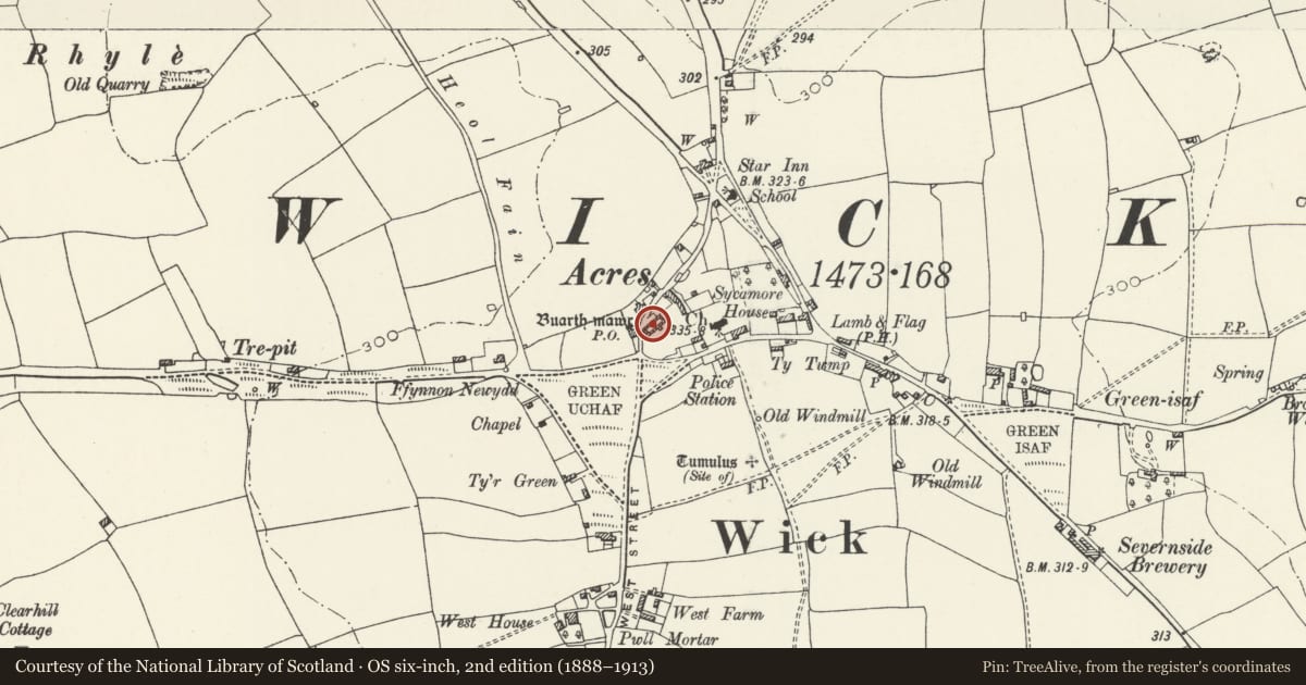 Ordnance Survey six-inch map, 2nd edition (1888–1913) covering the location of Buarth-Mawr Barn, Wick, Vale of Glamorgan, with a pin at the register's coordinates