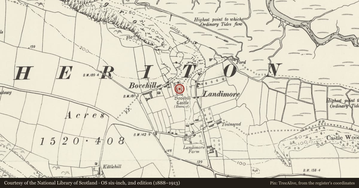 Ordnance Survey six-inch map, 2nd edition (1888–1913) covering the location of Bovehill Castle, Llangennith, Llanmadoc and Cheriton, Swansea, with a pin at the register's coordinates