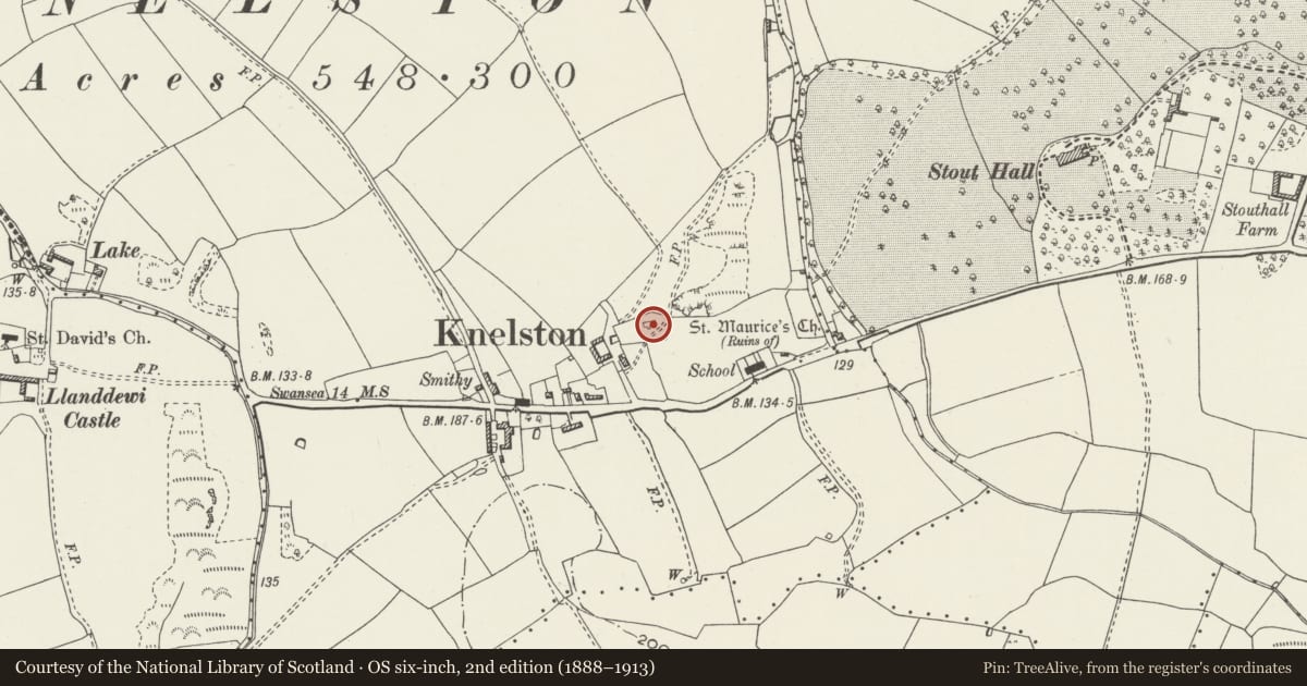 Ordnance Survey six-inch map, 2nd edition (1888–1913) covering the location of St Maurice's Church, Port Eynon, Swansea, with a pin at the register's coordinates