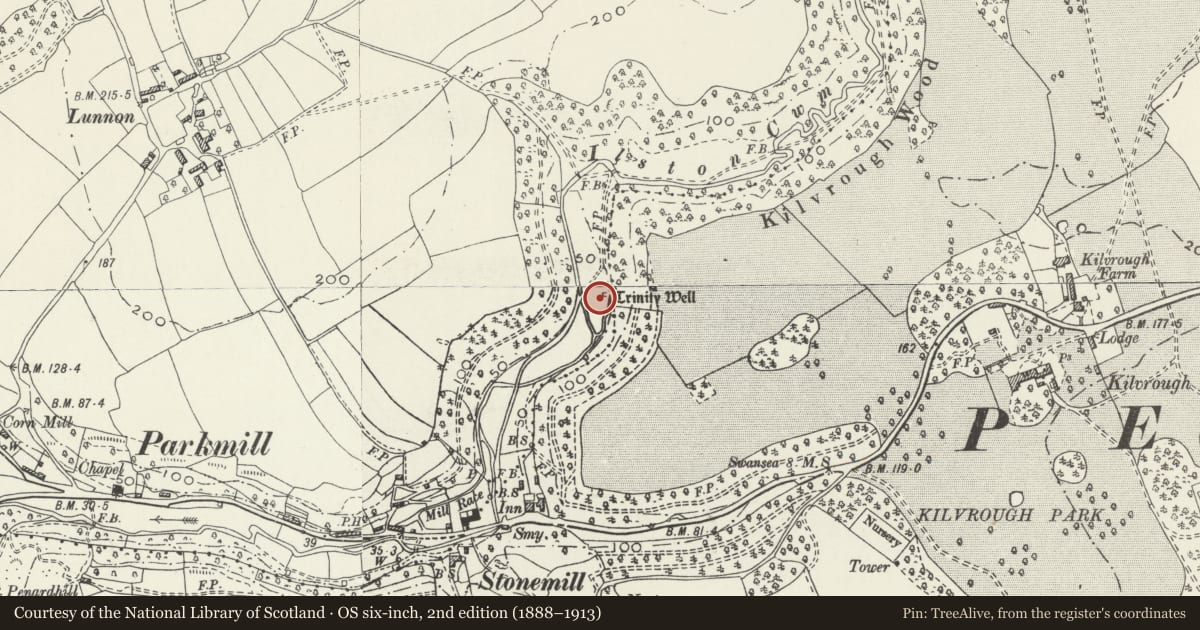 Ordnance Survey six-inch map, 2nd edition (1888–1913) covering the location of Trinity Well and Remains of Chapel, Pennard, Swansea, with a pin at the register's coordinates