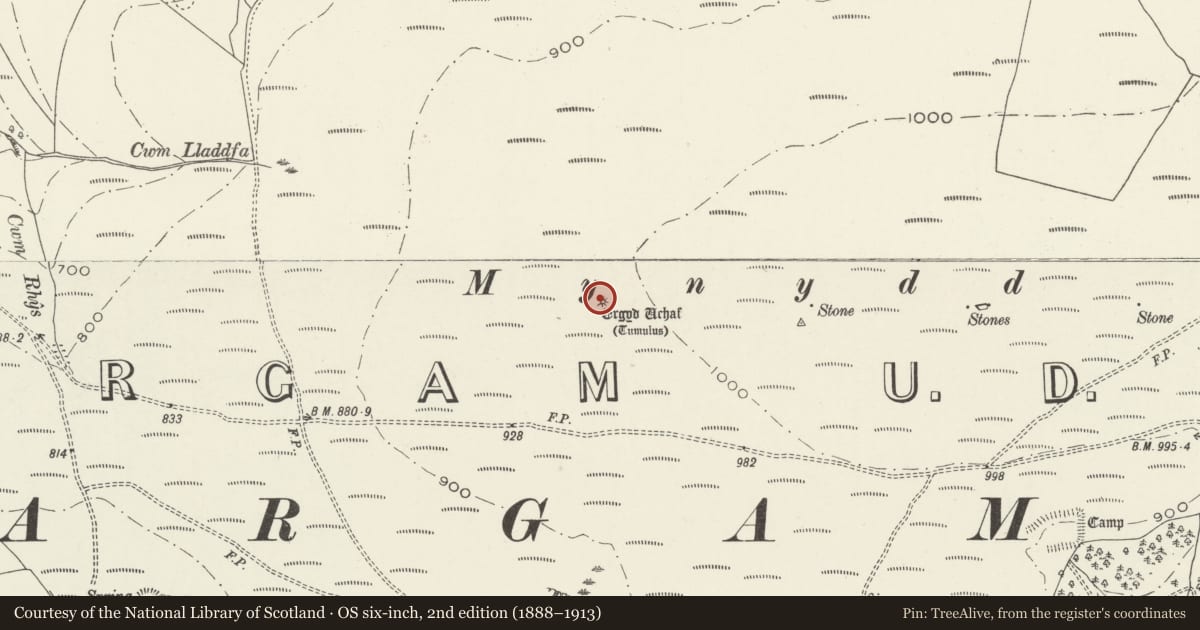 Ordnance Survey six-inch map, 2nd edition (1888–1913) covering the location of Ergyd Uchaf Round Barrow, Margam, Neath Port Talbot, with a pin at the register's coordinates
