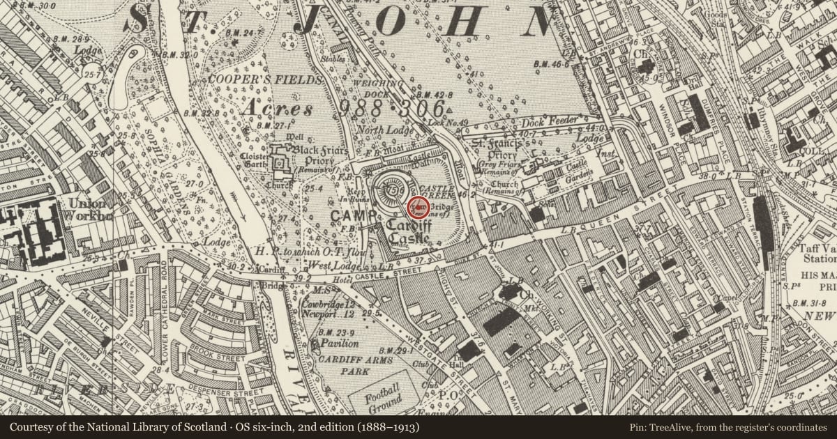 Ordnance Survey six-inch map, 2nd edition (1888–1913) covering the location of Cardiff Castle and Roman Fort, Cardiff, with a pin at the register's coordinates