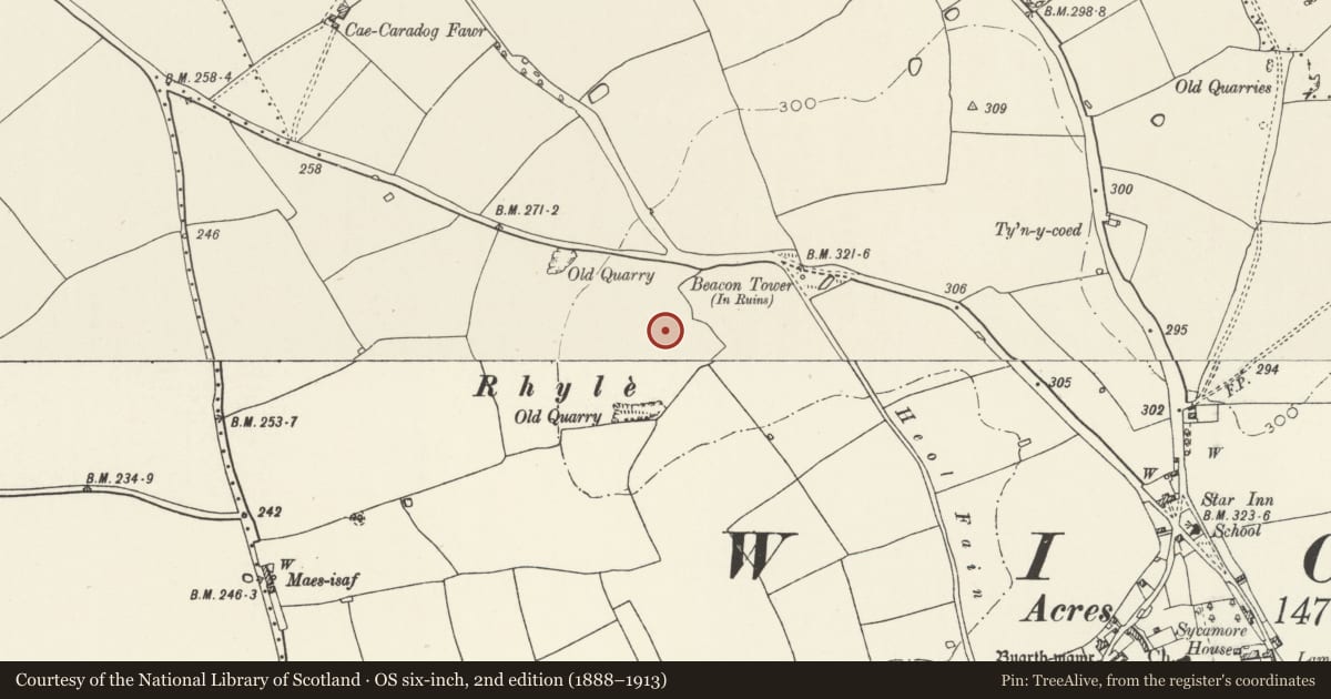 Ordnance Survey six-inch map, 2nd edition (1888–1913) covering the location of Rhyle Round Barrow, Wick, Vale of Glamorgan, with a pin at the register's coordinates
