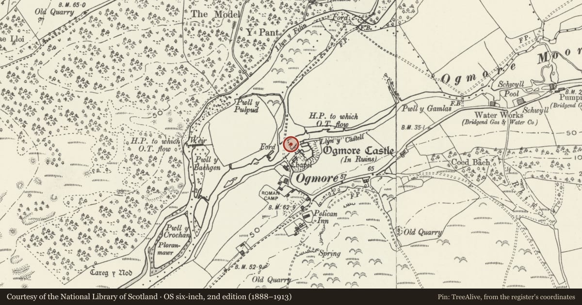 Ordnance Survey six-inch map, 2nd edition (1888–1913) covering the location of Ogmore Stepping Stones, Merthyr Mawr, Bridgend, with a pin at the register's coordinates