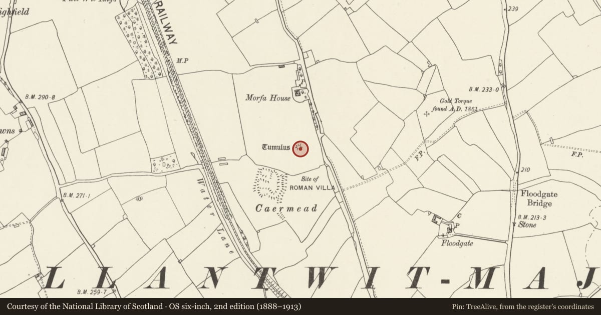 Ordnance Survey six-inch map, 2nd edition (1888–1913) covering the location of Morfa House Round Barrow, Llantwit Major, Vale of Glamorgan, with a pin at the register's coordinates