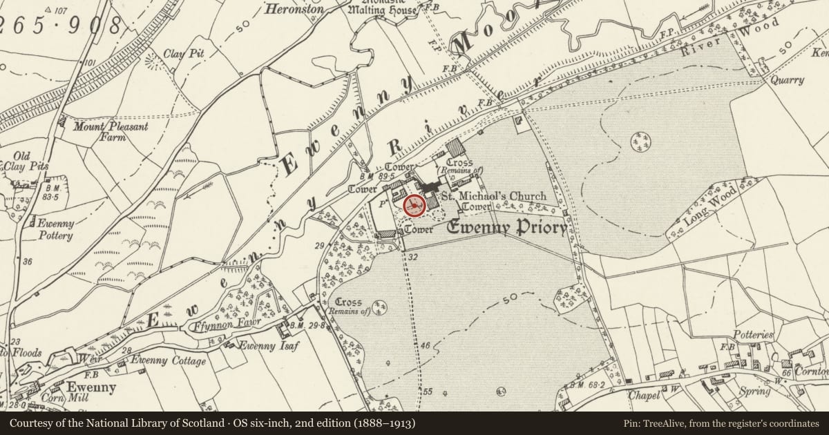 Ordnance Survey six-inch map, 2nd edition (1888–1913) covering the location of Ewenni Priory, Ewenny, Vale of Glamorgan, with a pin at the register's coordinates