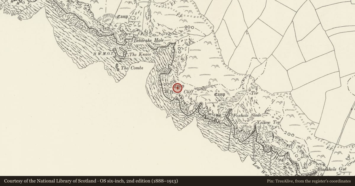 Ordnance Survey six-inch map, 2nd edition (1888–1913) covering the location of Horse Cliff Camp, Rhossili, Swansea, with a pin at the register's coordinates