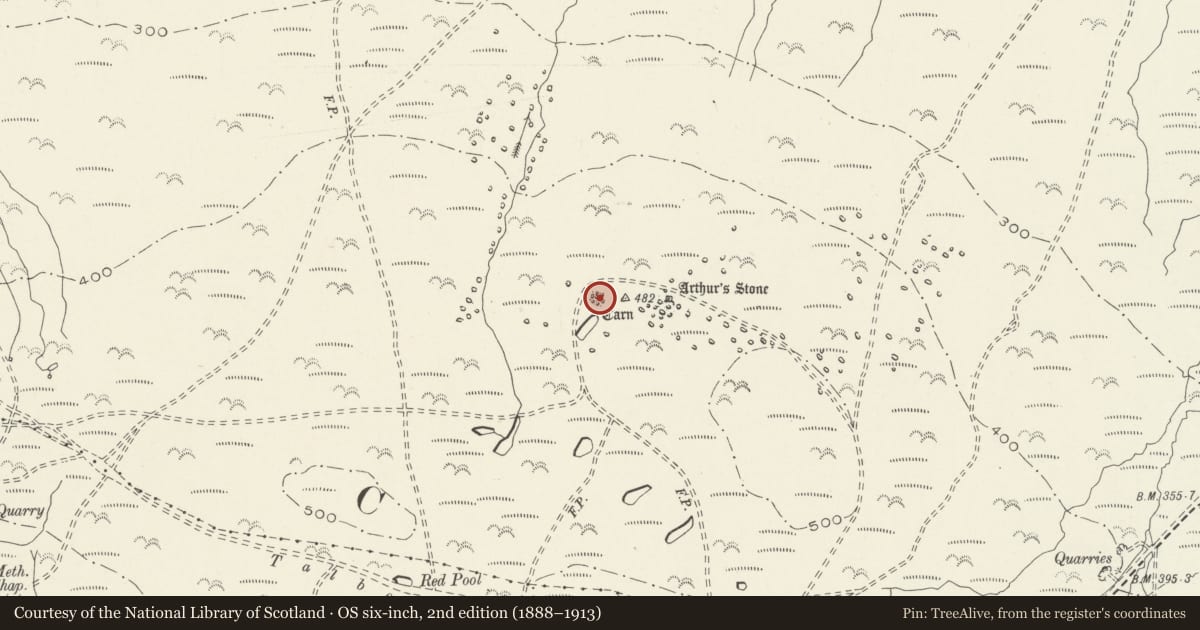 Ordnance Survey six-inch map, 2nd edition (1888–1913) covering the location of Round Cairn W of Arthur's Stone, Llanrhidian Lower, Swansea, with a pin at the register's coordinates