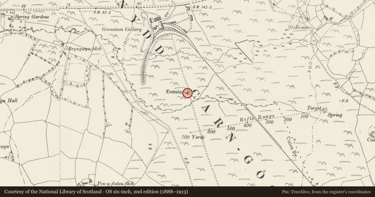 Ordnance Survey six-inch map, 2nd edition (1888–1913) covering the location of Garn Goch Round Barrow, Penllergaer, Swansea, with a pin at the register's coordinates
