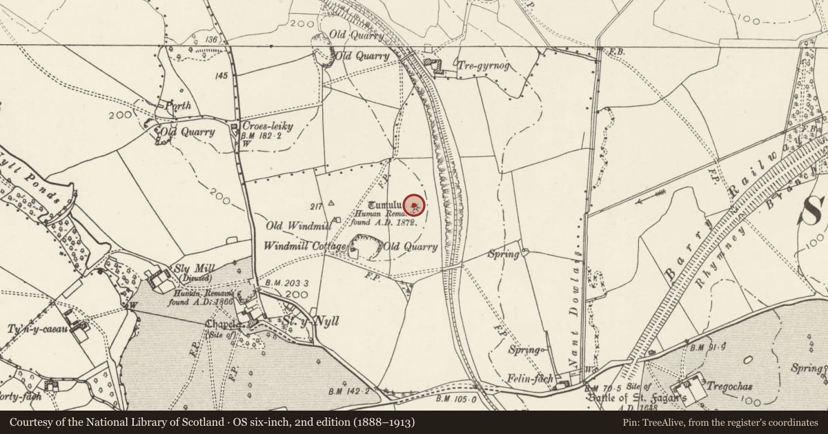 Ordnance Survey six-inch map, 2nd edition (1888–1913) covering the location of St-y-Nyll Round Barrow, St. Georges-super-Ely, Vale of Glamorgan, with a pin at the register's coordinates